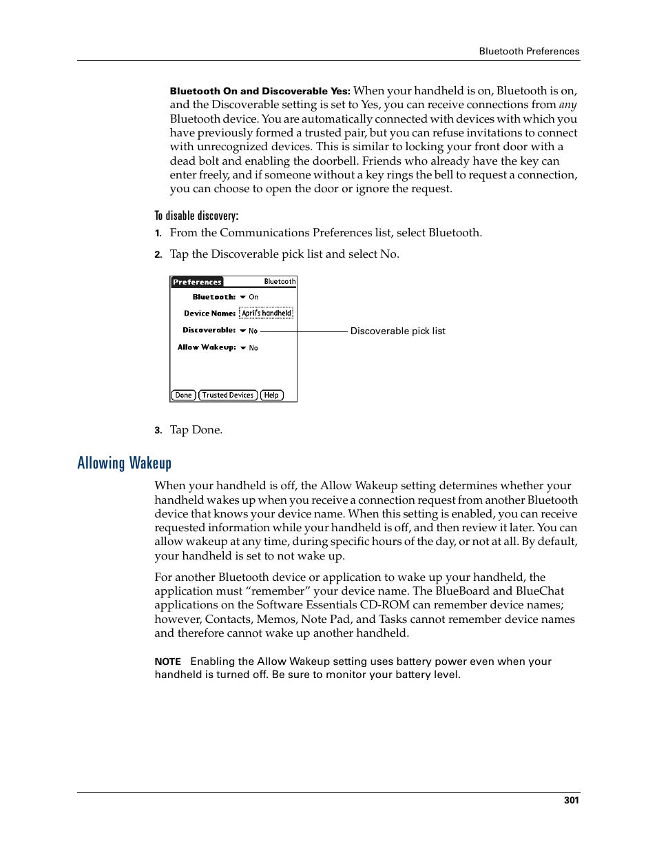 To disable discovery, Allowing wakeup | Palm T3 User Manual | Page 315 / 408