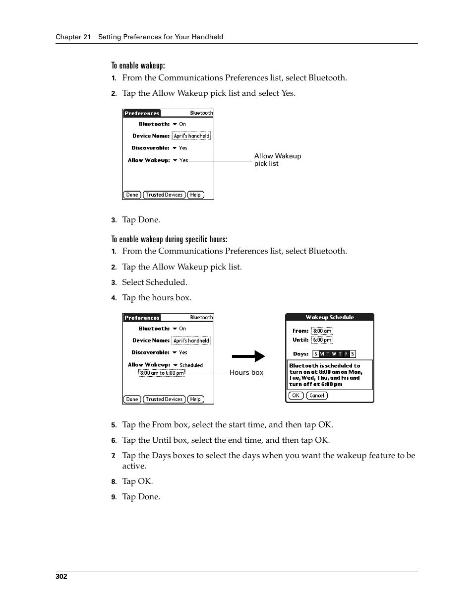 To enable wakeup, To enable wakeup during specific hours | Palm T3 User Manual | Page 316 / 408