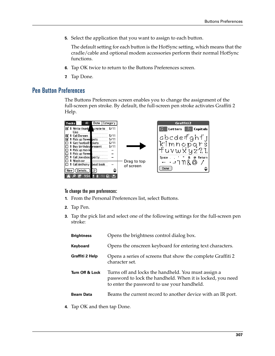 Pen button preferences, To change the pen preferences, Help. see | Button preferences, Chapter 21 | Palm T3 User Manual | Page 321 / 408