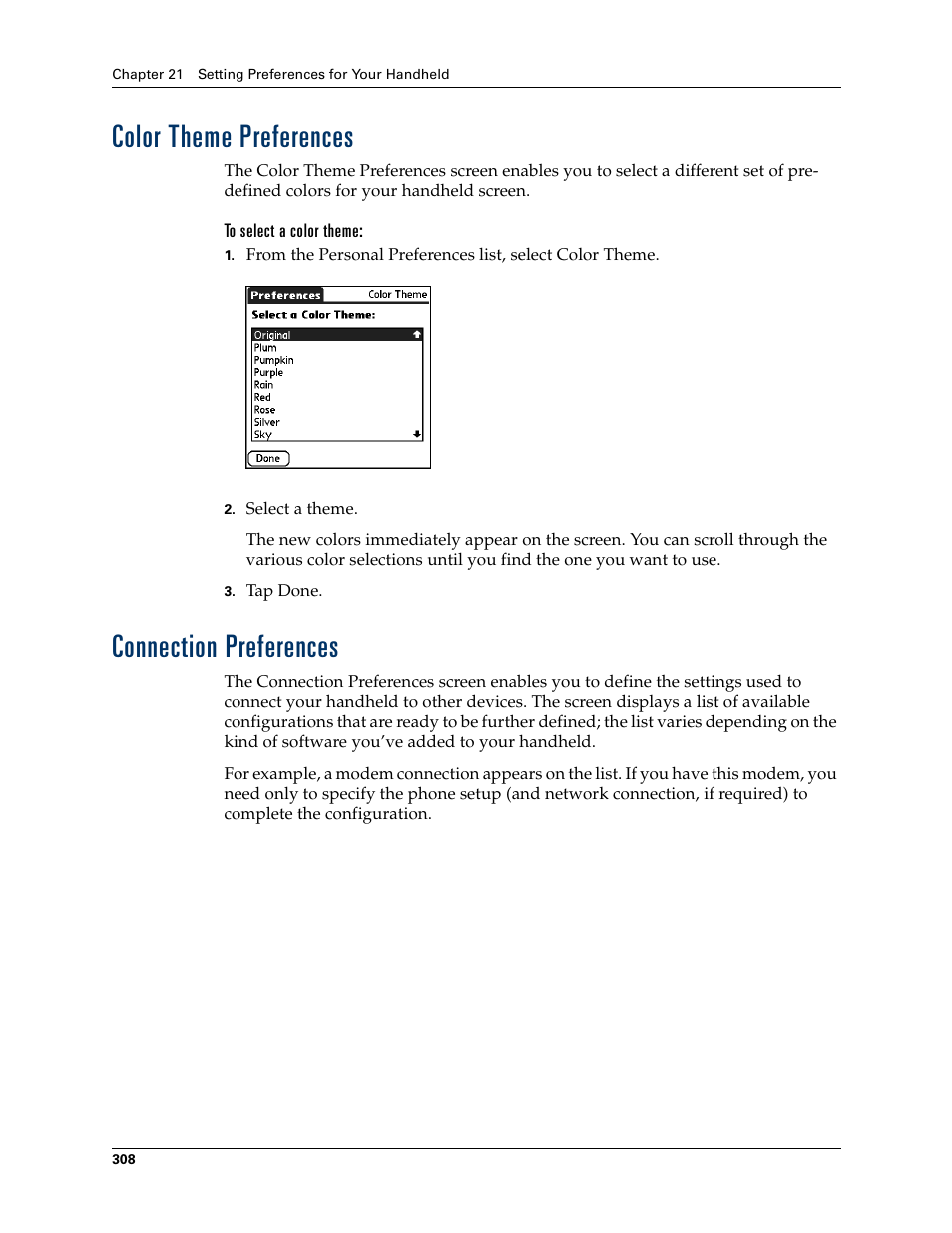 Color theme preferences, To select a color theme, Connection preferences | Color theme preferences connection preferences, Eens. see, Chapter 21, Options menu. see, For m | Palm T3 User Manual | Page 322 / 408