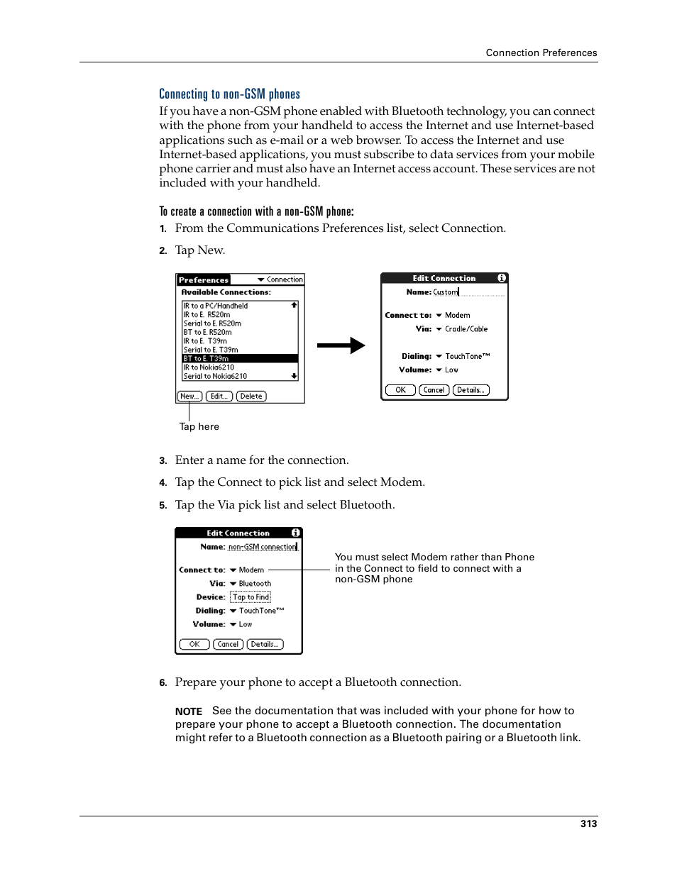 Connecting to non-gsm phones, To create a connection with a non-gsm phone | Palm T3 User Manual | Page 327 / 408