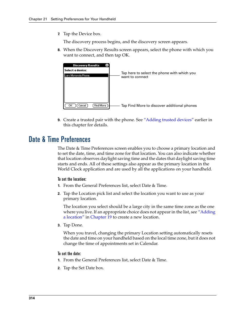 Date & time preferences, To set the location, To set the date | Palm T3 User Manual | Page 328 / 408