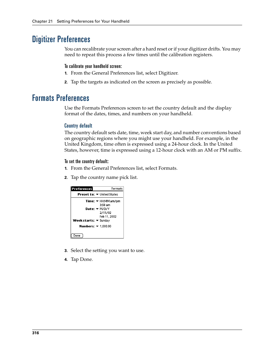 Digitizer preferences, To calibrate your handheld screen, Formats preferences | Country default, To set the country default, Digitizer preferences formats preferences | Palm T3 User Manual | Page 330 / 408