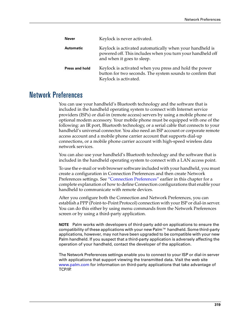 Network preferences, Chapter 21 | Palm T3 User Manual | Page 333 / 408