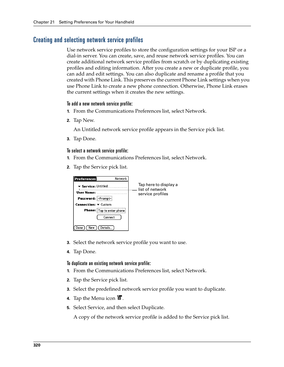 Creating and selecting network service profiles, To add a new network service profile, To select a network service profile | To duplicate an existing network service profile | Palm T3 User Manual | Page 334 / 408