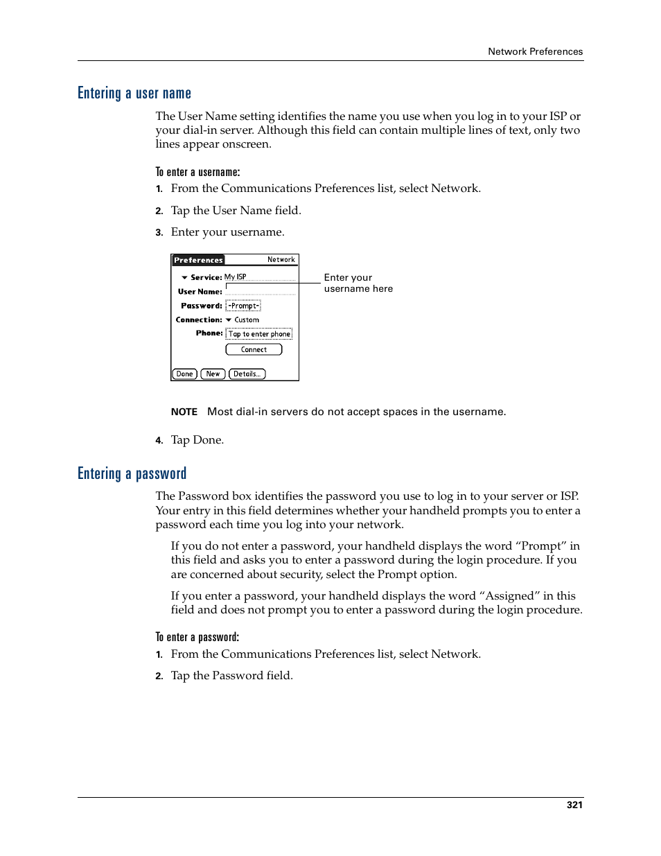 Entering a user name, To enter a username, Entering a password | To enter a password, Entering a user name entering a password | Palm T3 User Manual | Page 335 / 408