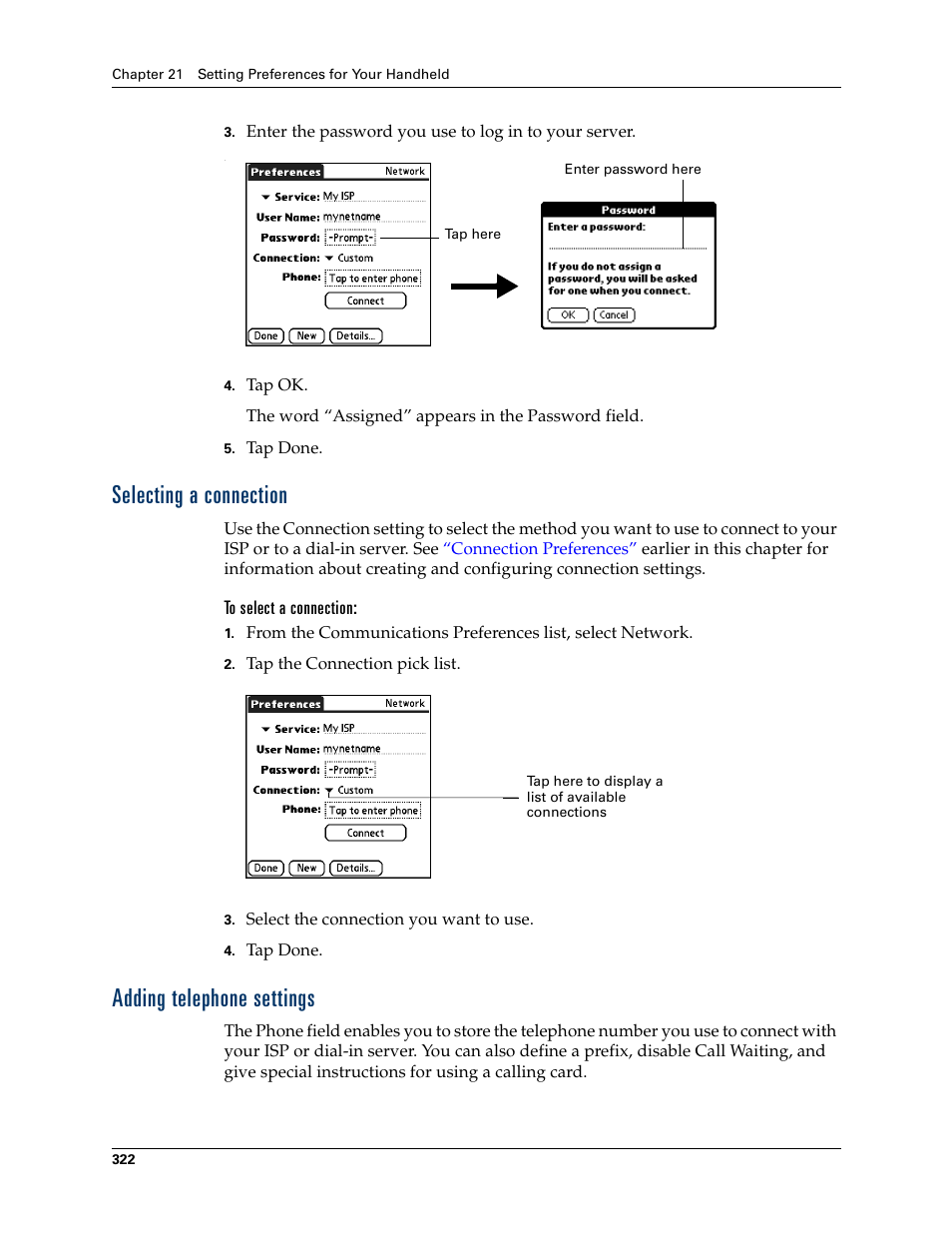 Selecting a connection, To select a connection, Adding telephone settings | Selecting a connection adding telephone settings | Palm T3 User Manual | Page 336 / 408