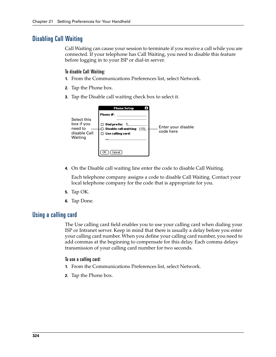 Disabling call waiting, To disable call waiting, Using a calling card | To use a calling card, Disabling call waiting using a calling card | Palm T3 User Manual | Page 338 / 408