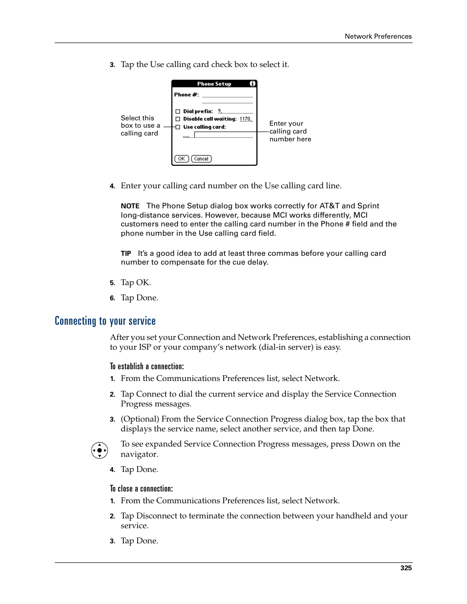 Connecting to your service, To establish a connection, To close a connection | Palm T3 User Manual | Page 339 / 408