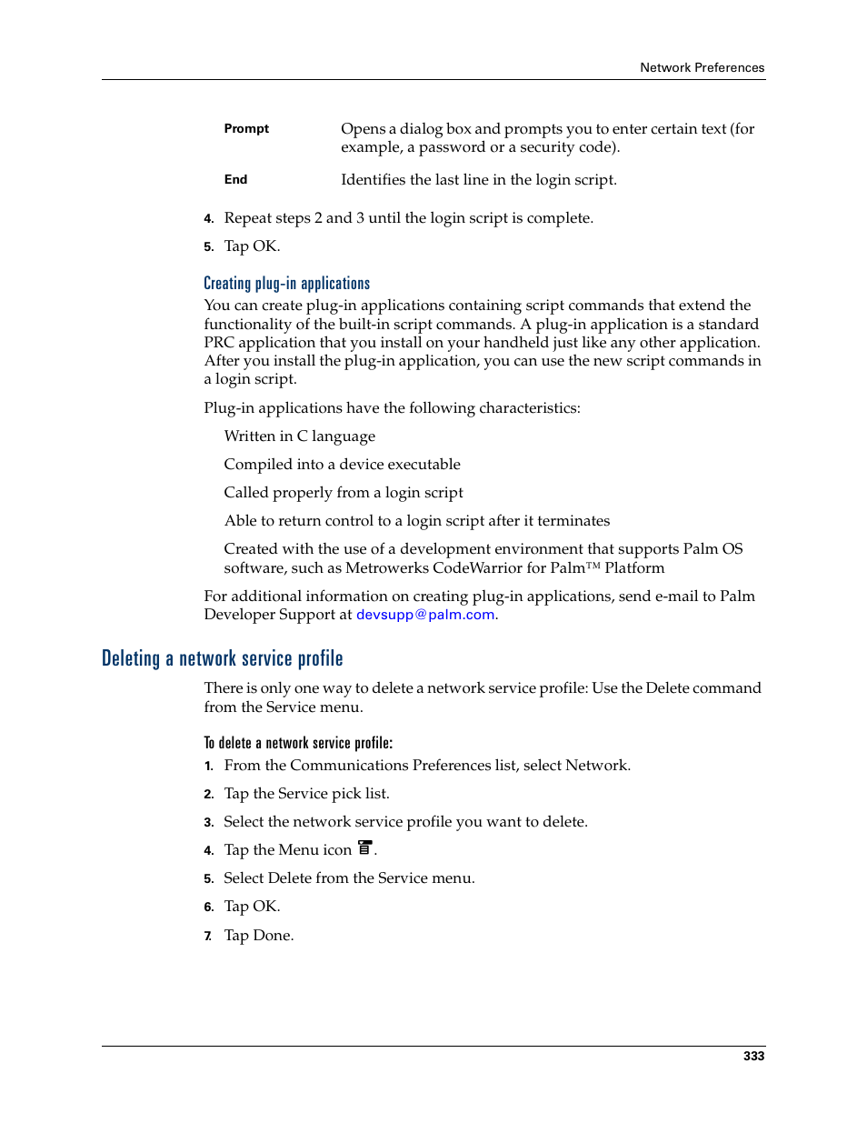 Creating plug-in applications, Deleting a network service profile, To delete a network service profile | Palm T3 User Manual | Page 347 / 408
