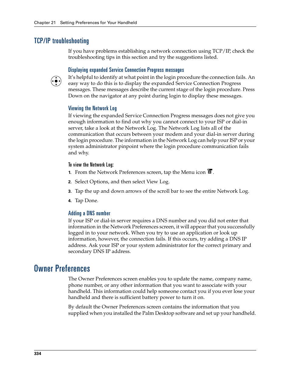 Tcp/ip troubleshooting, Viewing the network log, To view the network log | Adding a dns number, Owner preferences | Palm T3 User Manual | Page 348 / 408