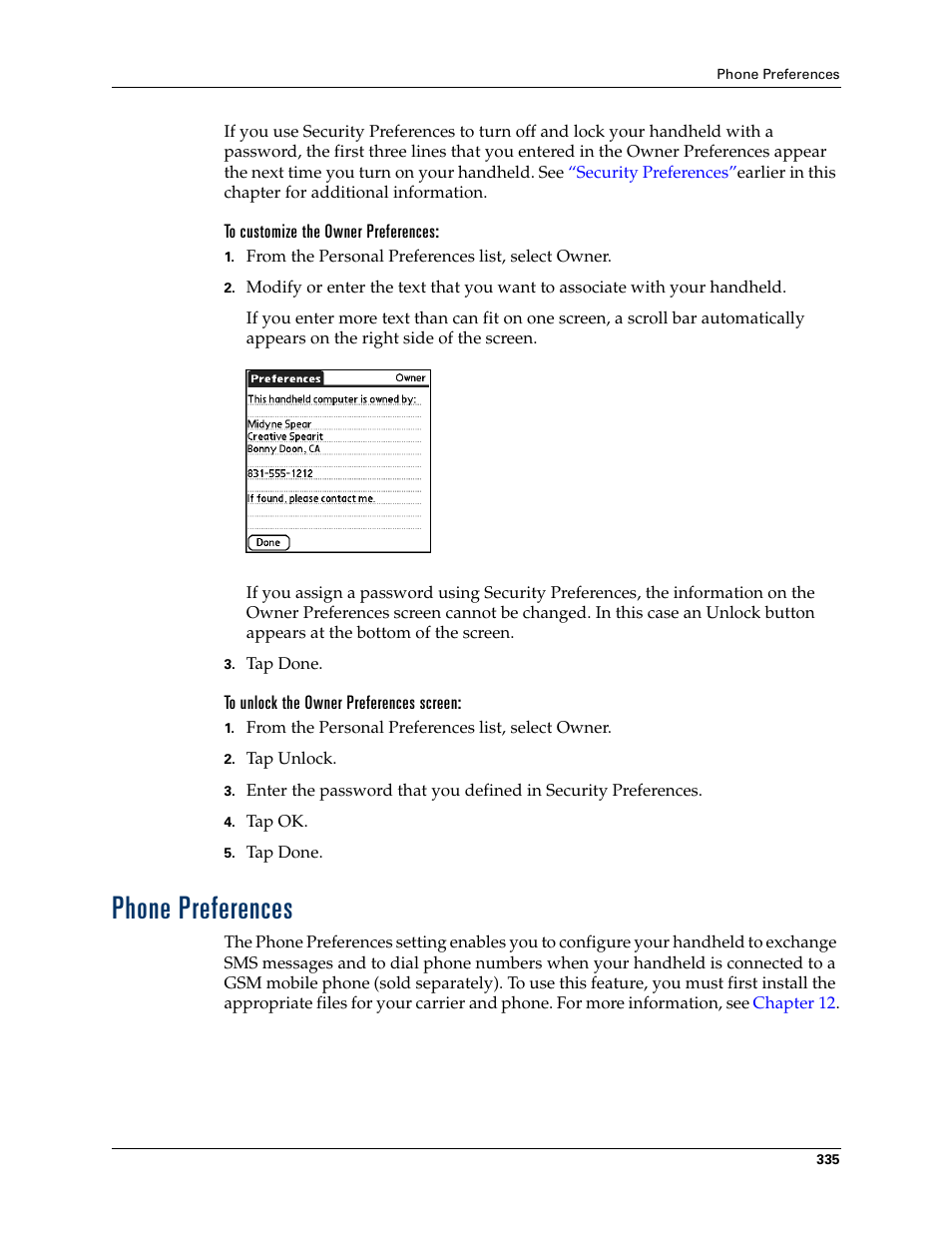 To customize the owner preferences, To unlock the owner preferences screen, Phone preferences | Palm T3 User Manual | Page 349 / 408