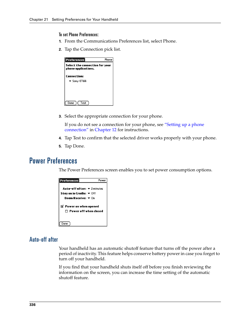 To set phone preferences, Power preferences, Auto-off after | Palm T3 User Manual | Page 350 / 408