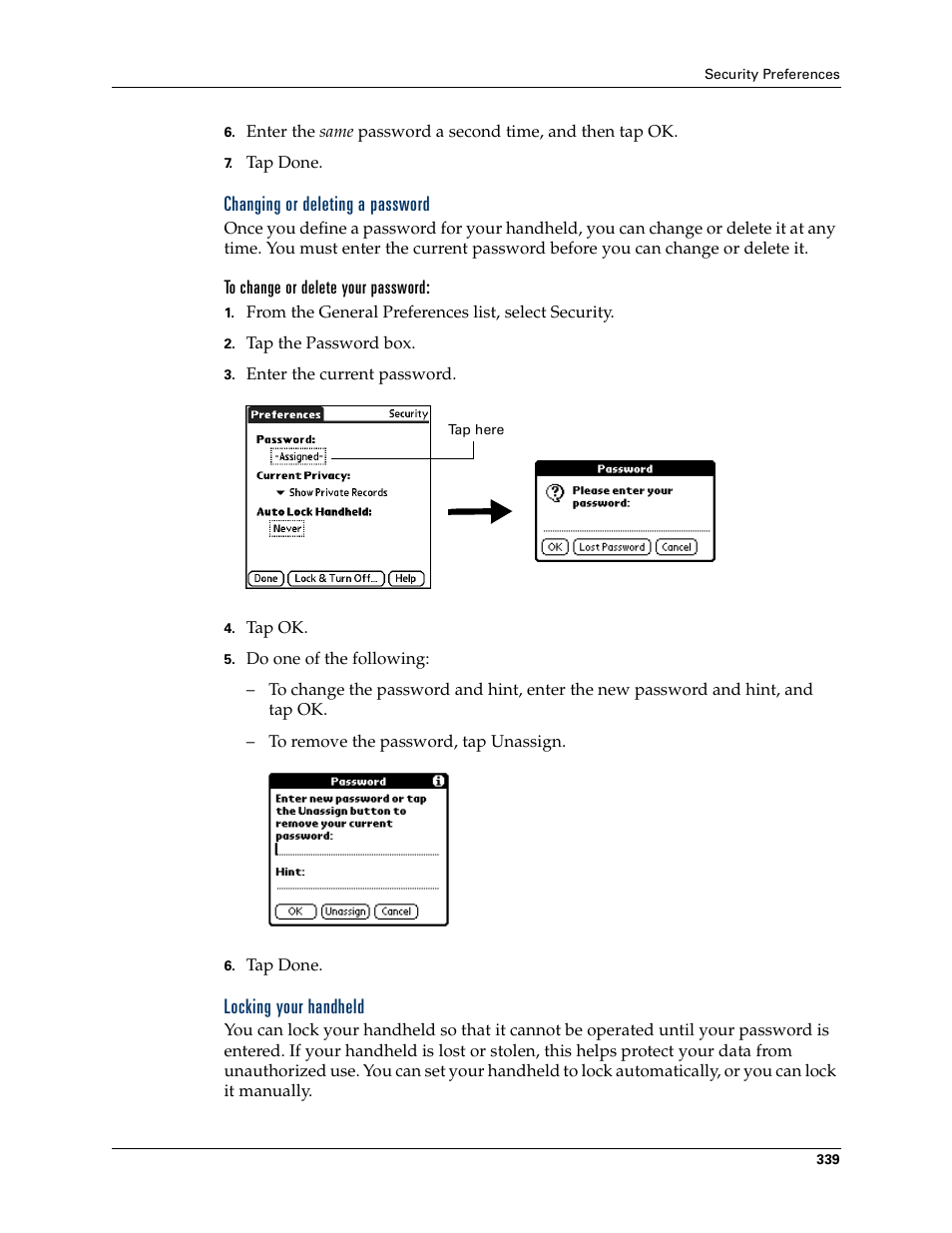 Changing or deleting a password, To change or delete your password, Locking your handheld | Palm T3 User Manual | Page 353 / 408
