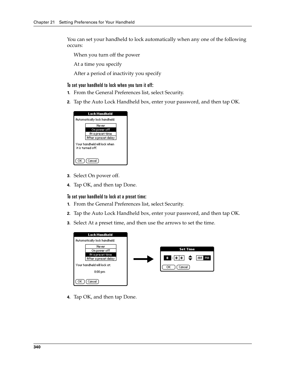 To set your handheld to lock when you turn it off, To set your handheld to lock at a preset time | Palm T3 User Manual | Page 354 / 408