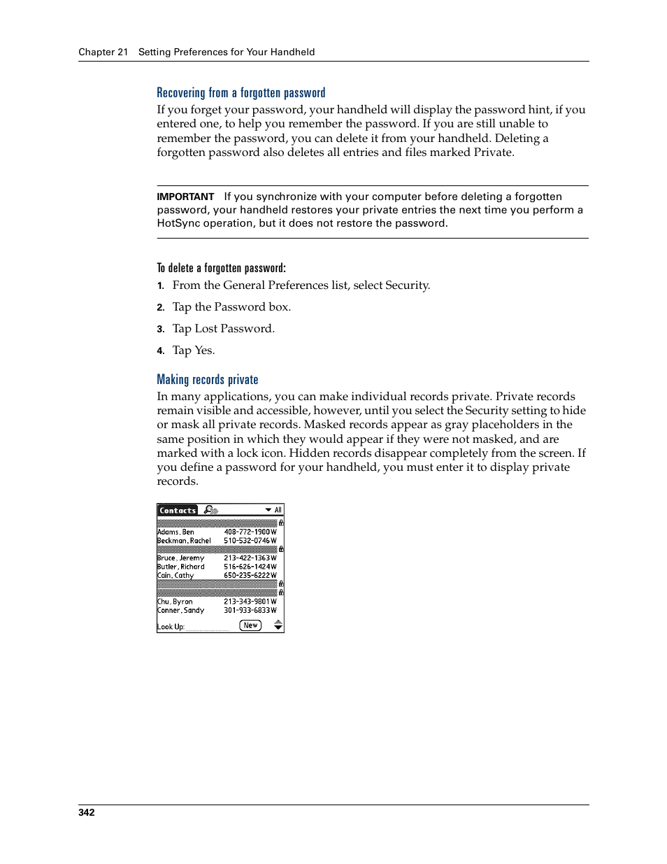 Recovering from a forgotten password, To delete a forgotten password, Making records private | Chapter 21 | Palm T3 User Manual | Page 356 / 408