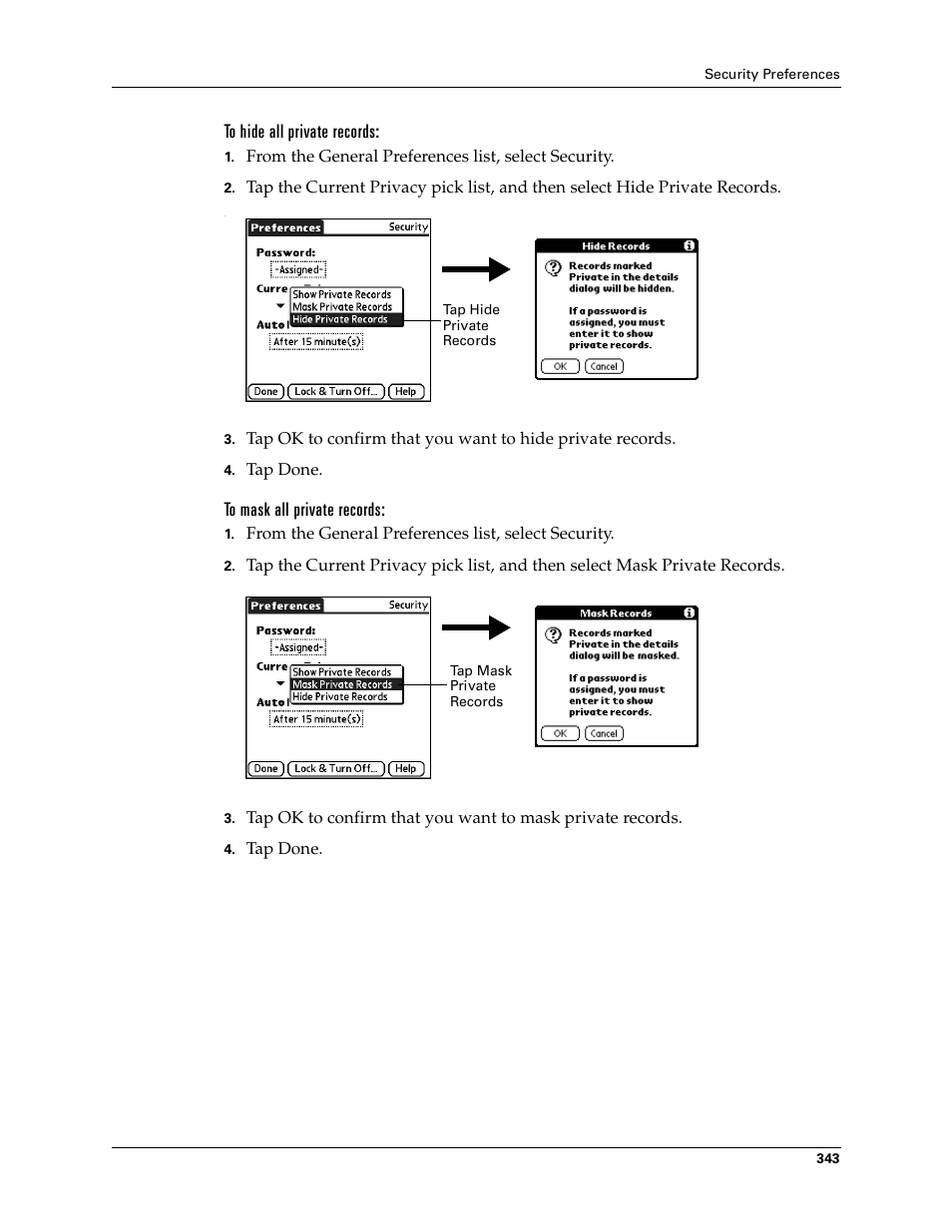 To hide all private records, To mask all private records | Palm T3 User Manual | Page 357 / 408