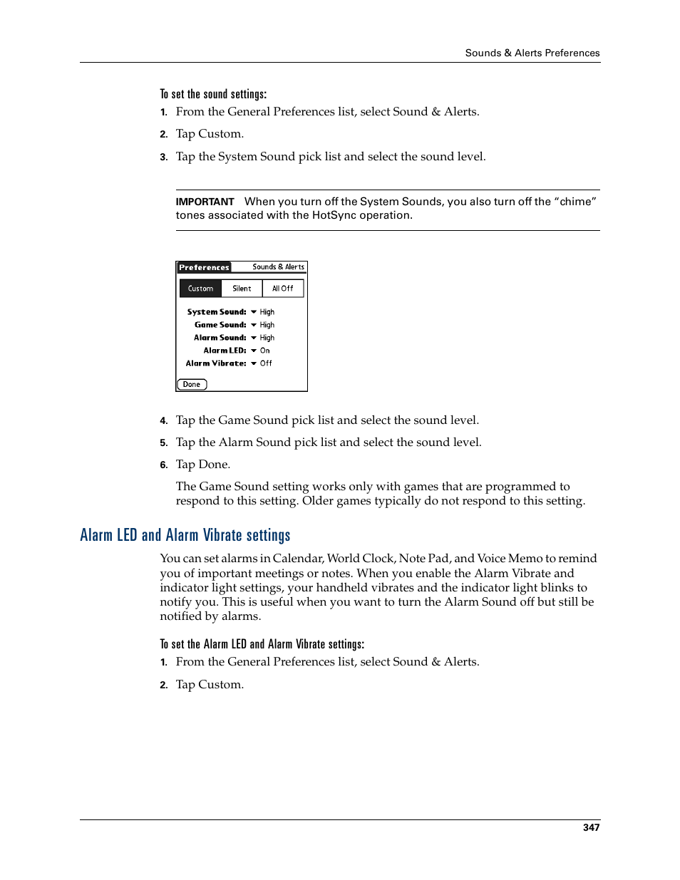 To set the sound settings, Alarm led and alarm vibrate settings, To set the alarm led and alarm vibrate settings | Palm T3 User Manual | Page 361 / 408