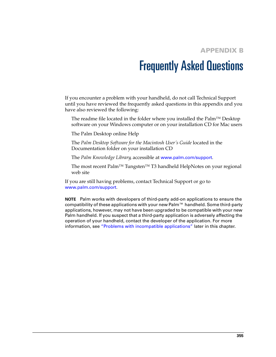 Frequently asked questions, Appendix b: frequently asked questions, Appendix b | Palm T3 User Manual | Page 369 / 408