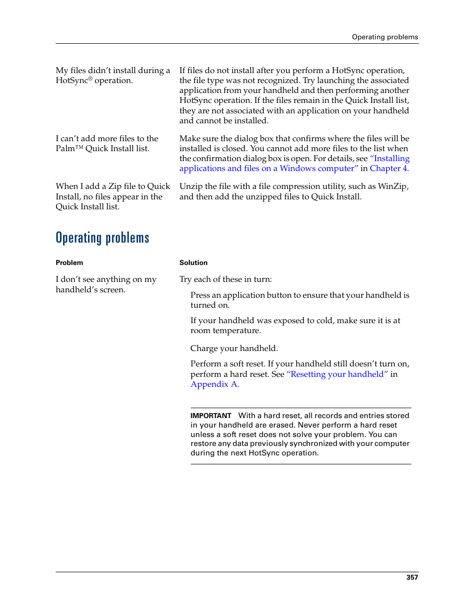 Operating problems | Palm T3 User Manual | Page 371 / 408