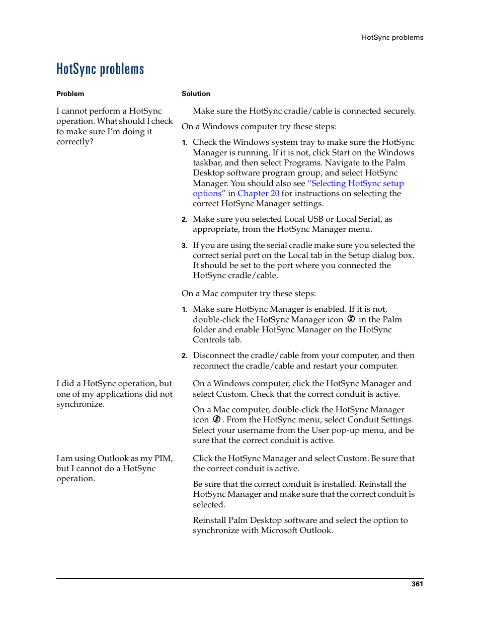 Hotsync problems, Hotsync, Problems | Appendix b, Tion, see | Palm T3 User Manual | Page 375 / 408