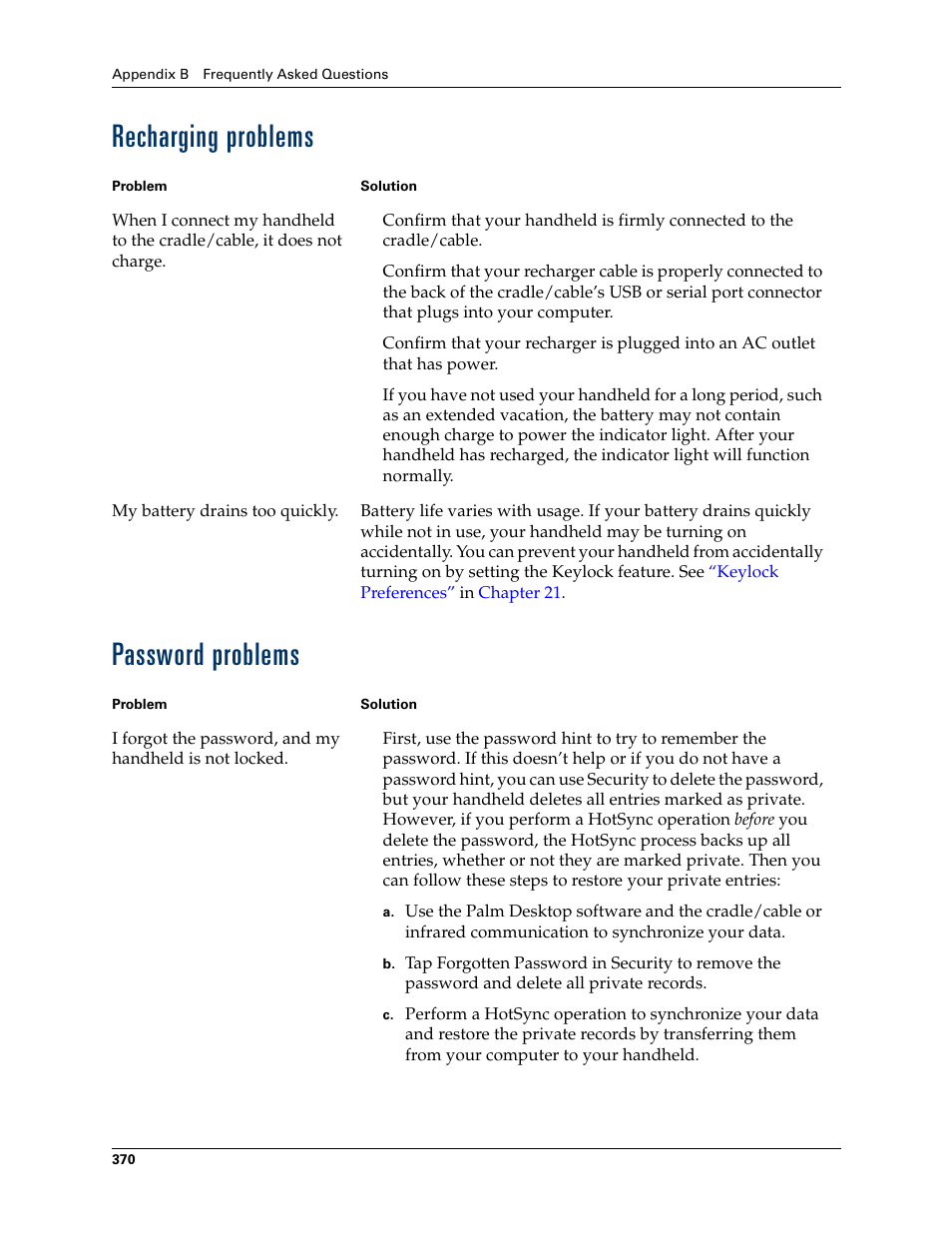 Recharging problems, Password problems, Recharging problems password problems | Palm T3 User Manual | Page 384 / 408