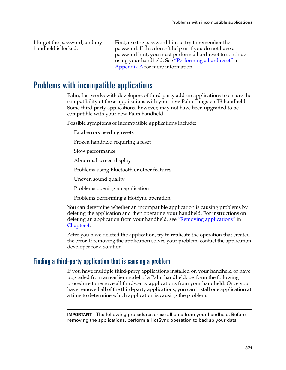 Problems with incompatible applications, Problems with incompatible, Applications | Palm T3 User Manual | Page 385 / 408