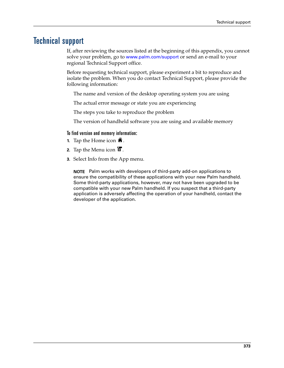 Technical support, To find version and memory information | Palm T3 User Manual | Page 387 / 408