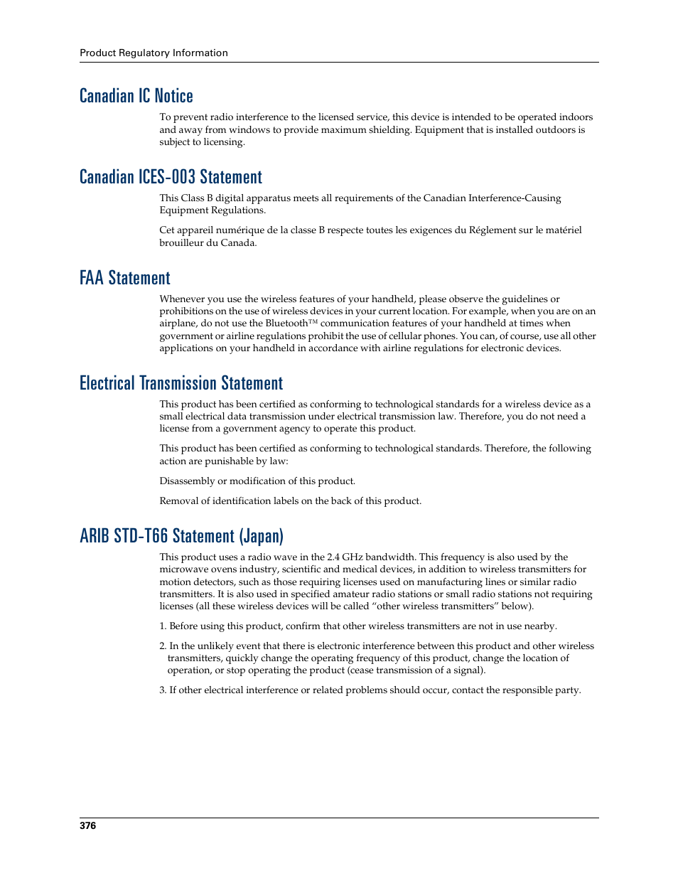 Canadian ic notice, Canadian ices-003 statement, Faa statement | Electrical transmission statement, Arib std-t66 statement (japan) | Palm T3 User Manual | Page 390 / 408