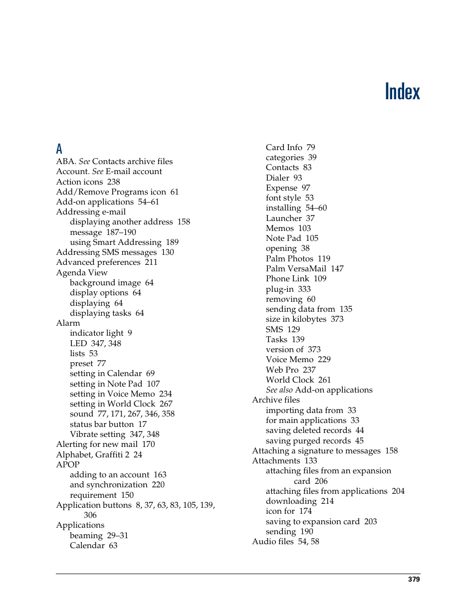 Index | Palm T3 User Manual | Page 393 / 408