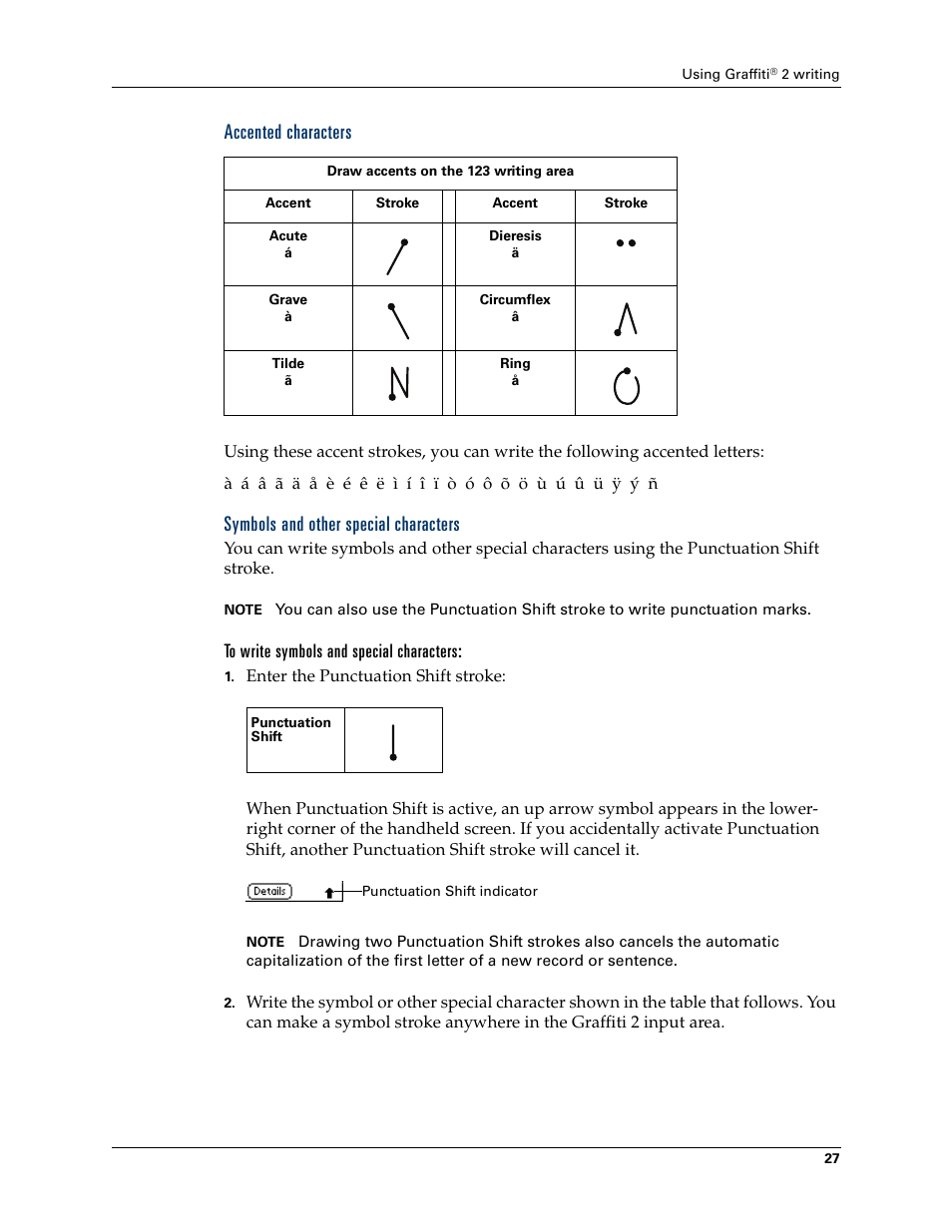 Accented characters, Symbols and other special characters, To write symbols and special characters | Palm T3 User Manual | Page 41 / 408