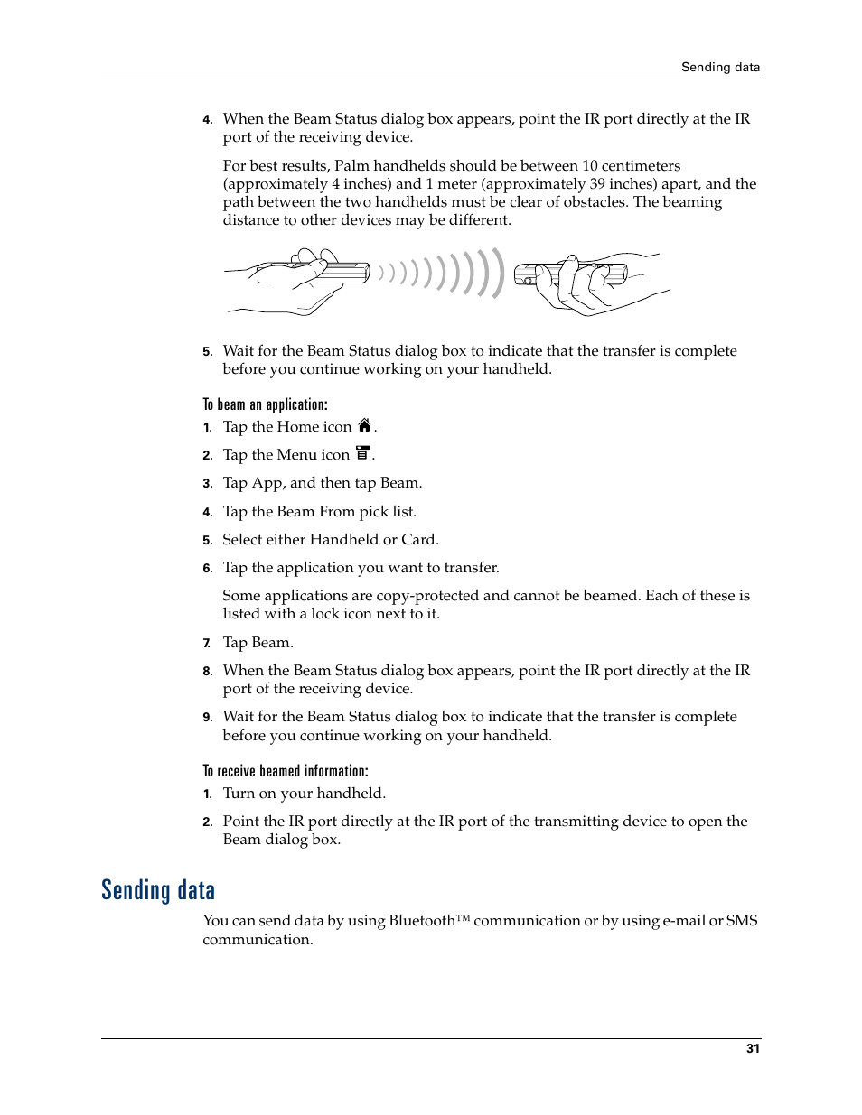 To beam an application, To receive beamed information, Sending data | Palm T3 User Manual | Page 45 / 408