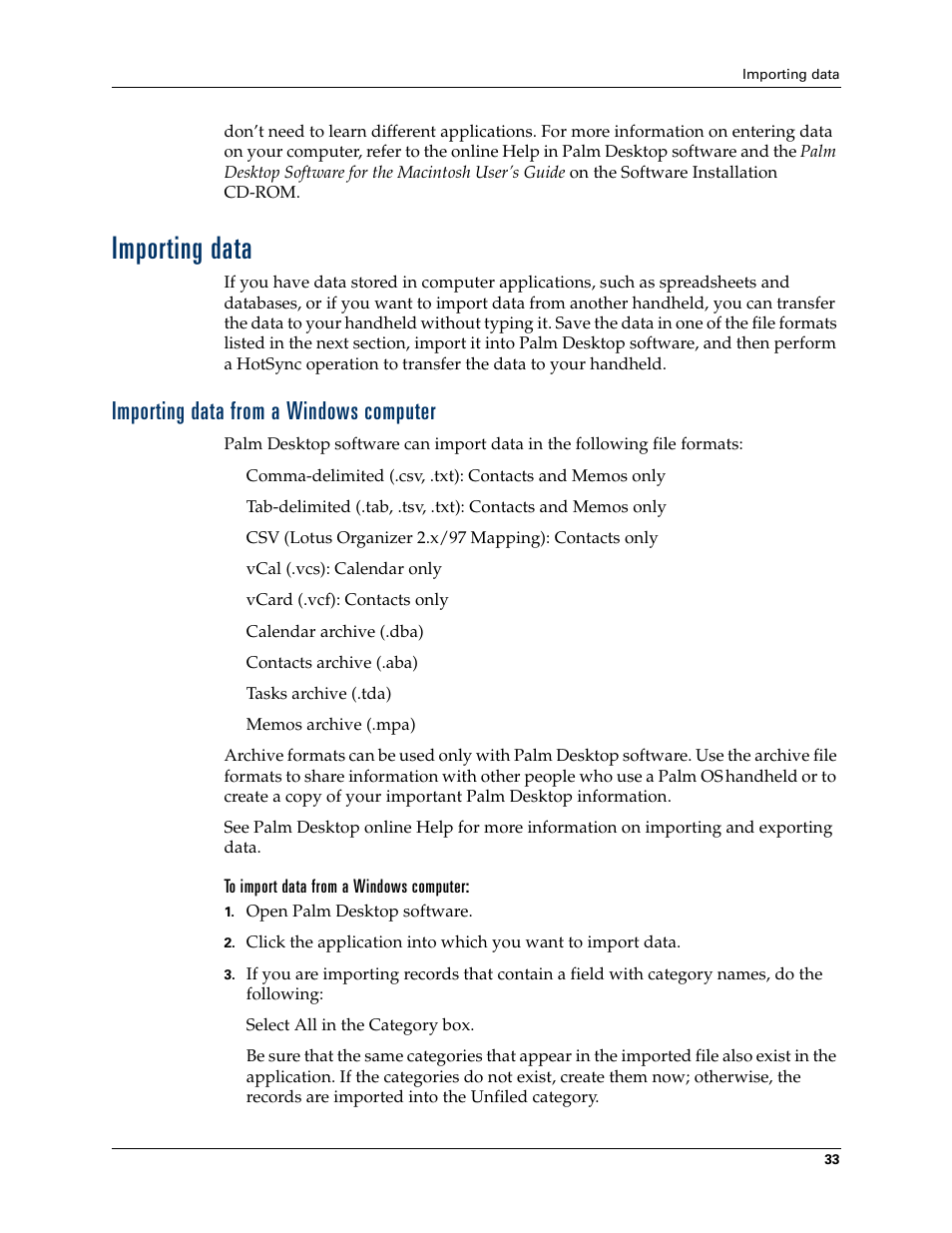 Importing data, Importing data from a windows computer, To import data from a windows computer | Palm T3 User Manual | Page 47 / 408