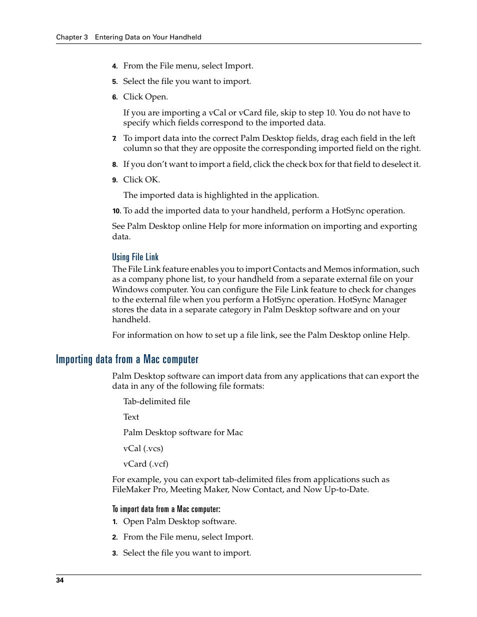 Using file link, Importing data from a mac computer, To import data from a mac computer | Palm T3 User Manual | Page 48 / 408