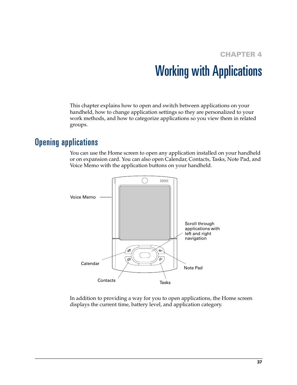 Working with applications, Opening applications, Chapter 4: working with applications | Chapter 4 | Palm T3 User Manual | Page 51 / 408