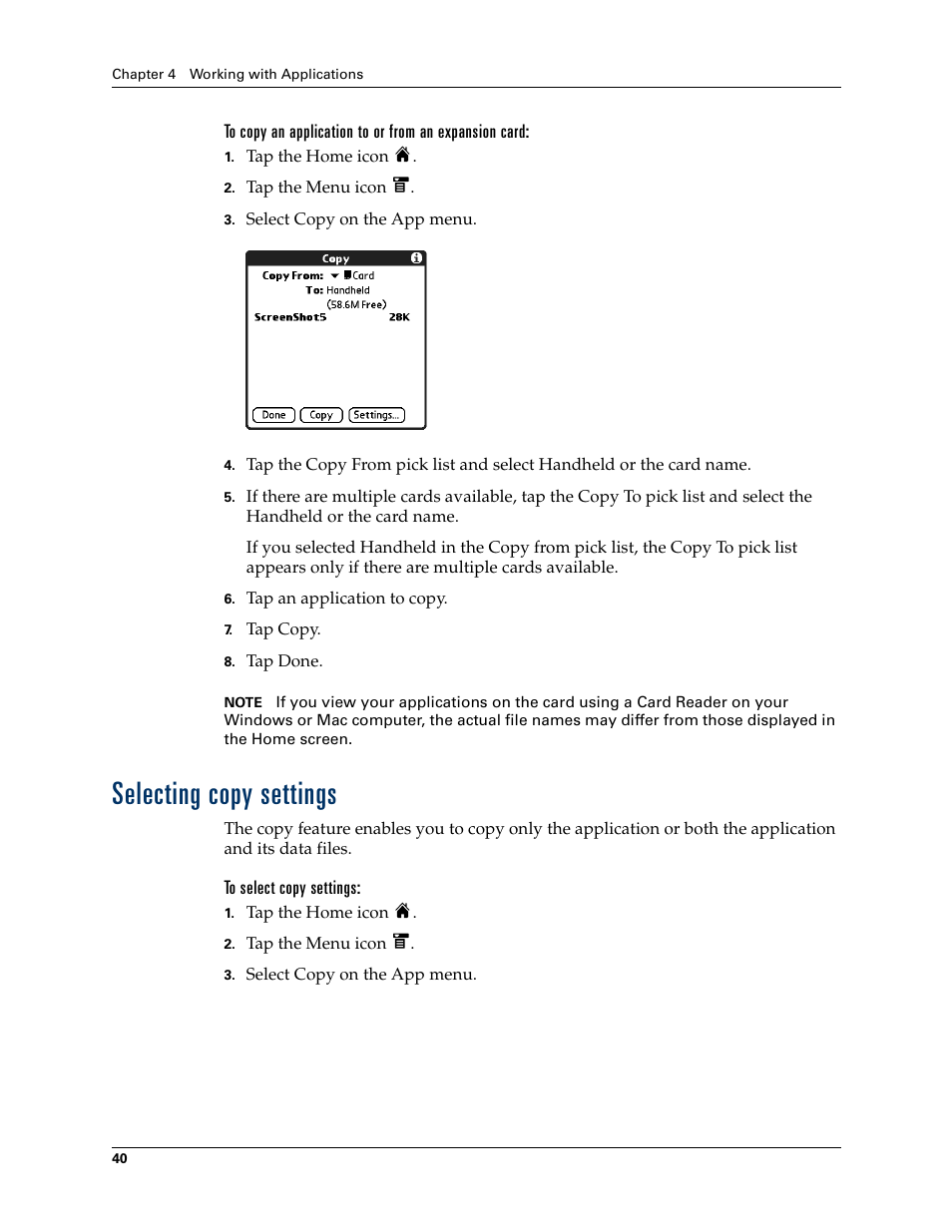 Selecting copy settings, To select copy settings | Palm T3 User Manual | Page 54 / 408