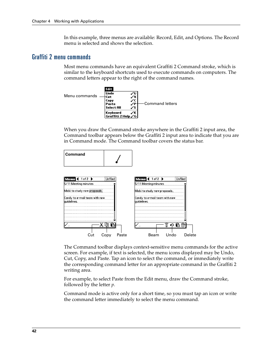 Graffiti 2 menu commands | Palm T3 User Manual | Page 56 / 408