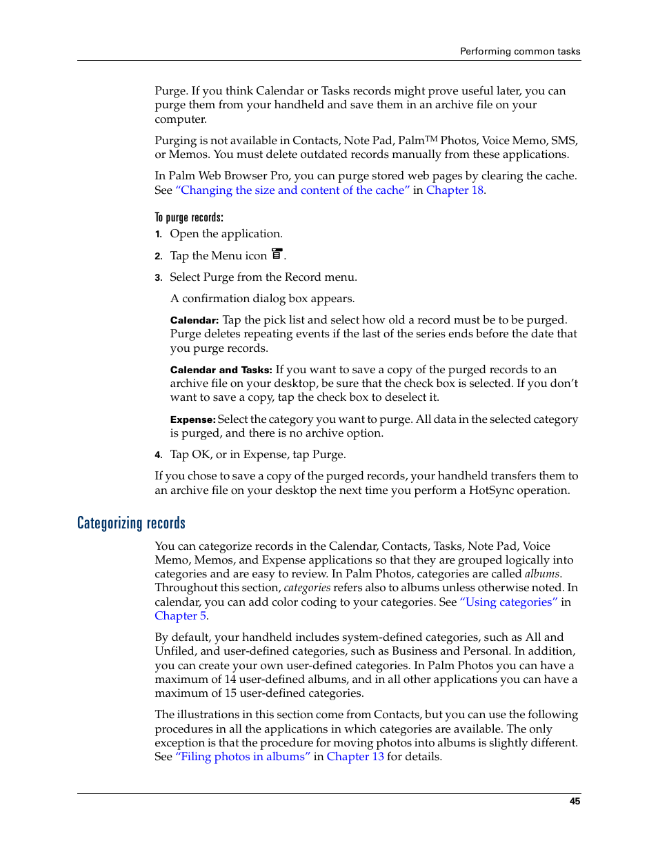 To purge records, Categorizing records | Palm T3 User Manual | Page 59 / 408