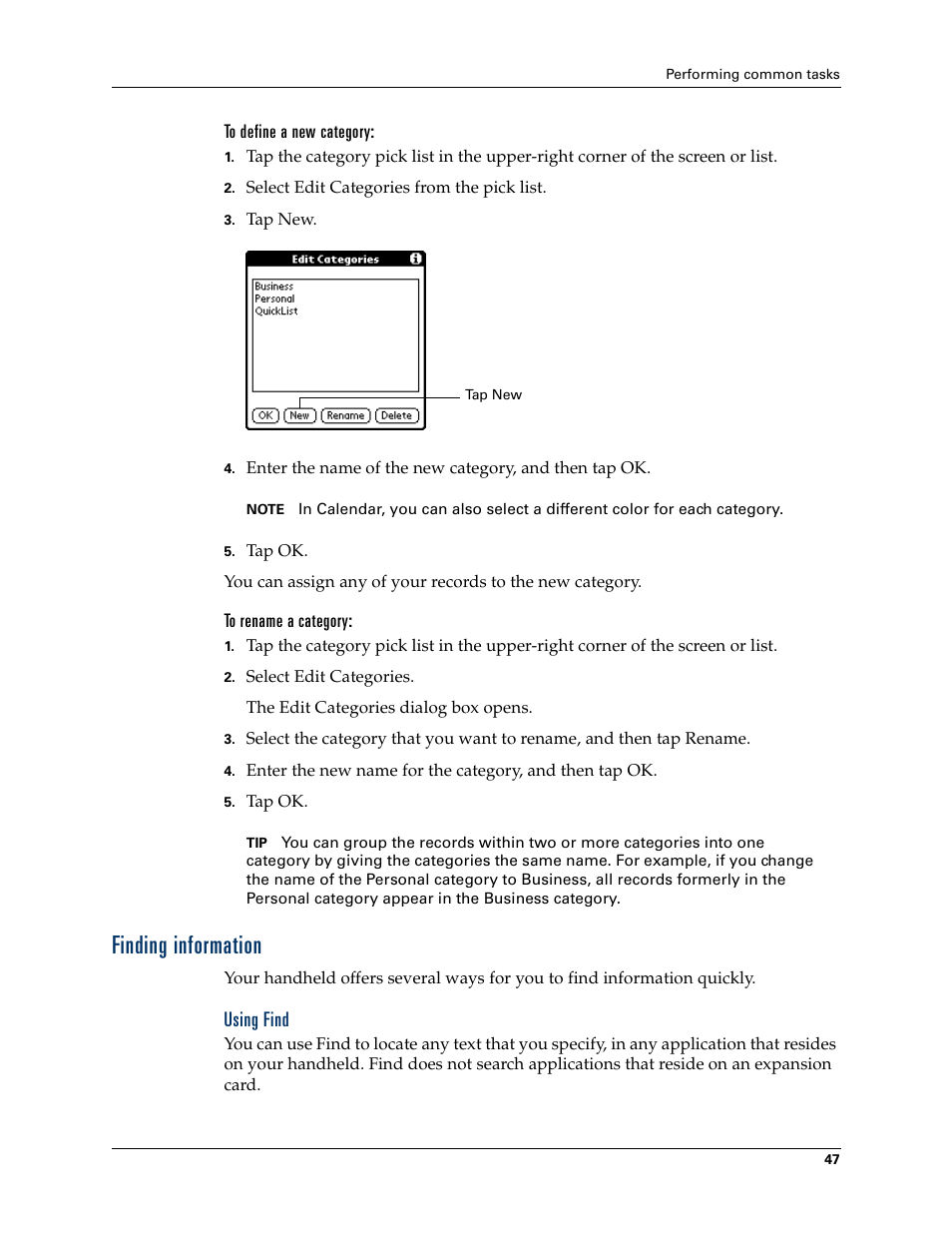 To define a new category, To rename a category, Finding information | Using find, Finding, Information, X. see, Chapter 4 | Palm T3 User Manual | Page 61 / 408