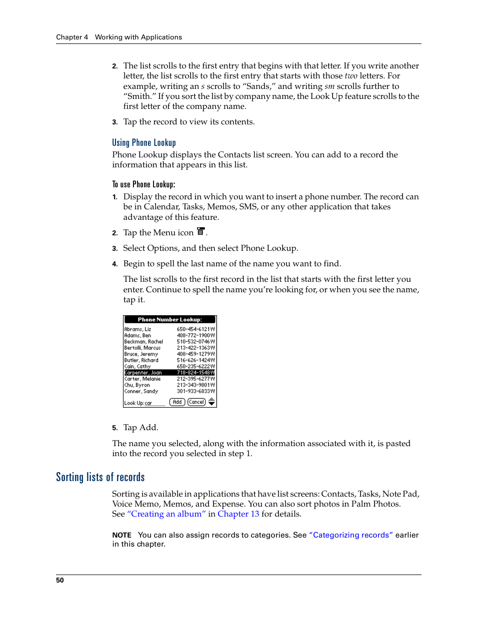 Using phone lookup, To use phone lookup, Sorting lists of records | Palm T3 User Manual | Page 64 / 408