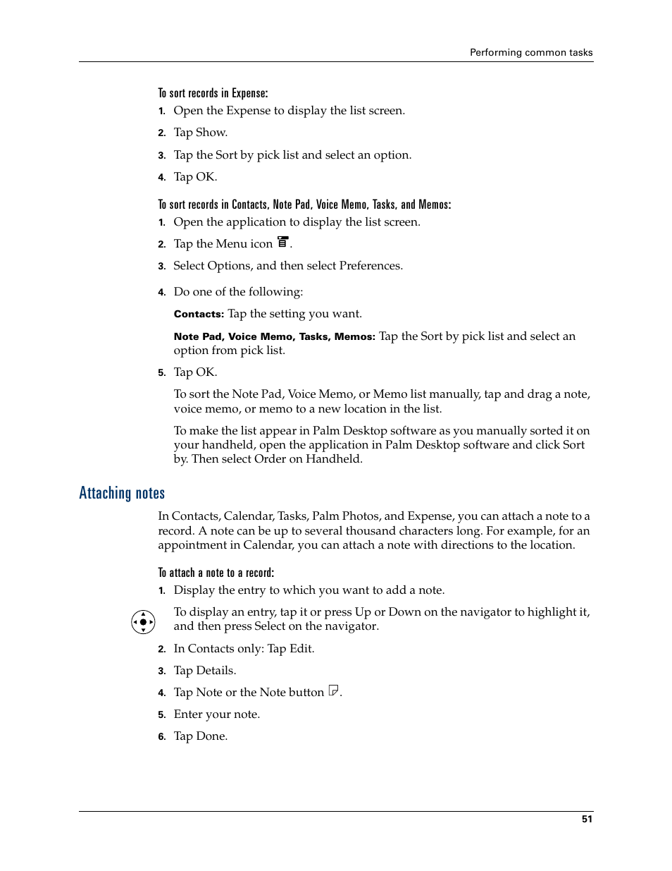 To sort records in expense, Attaching notes, To attach a note to a record | Palm T3 User Manual | Page 65 / 408