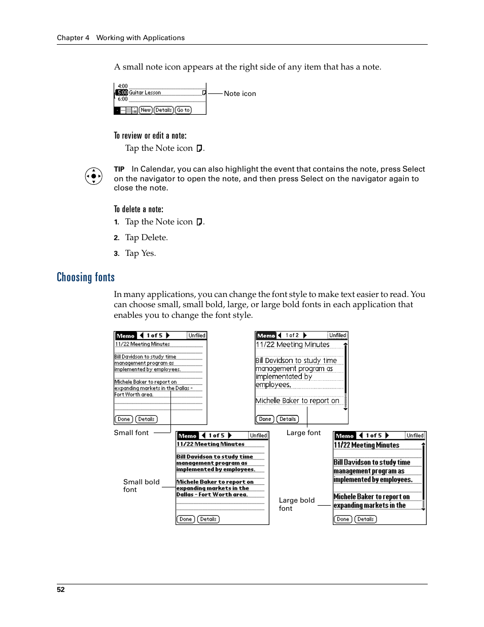 To review or edit a note, To delete a note, Choosing fonts | Palm T3 User Manual | Page 66 / 408