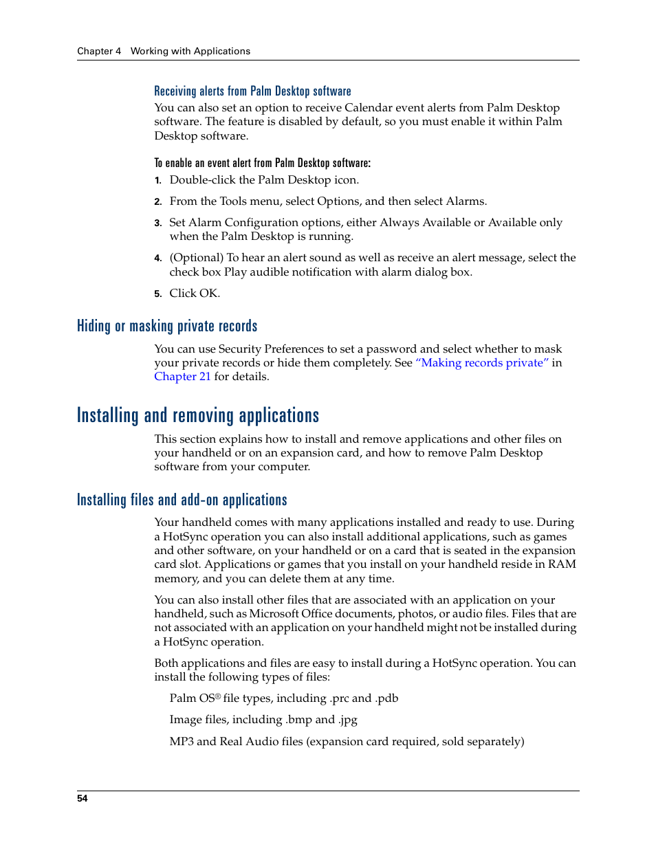 Receiving alerts from palm desktop software, Hiding or masking private records, Installing and removing applications | Installing files and add-on applications | Palm T3 User Manual | Page 68 / 408