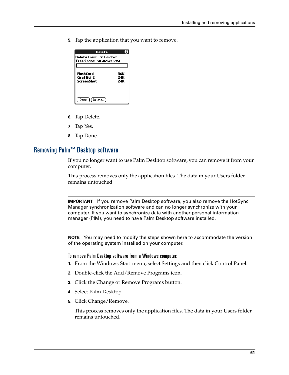 Removing palm™ desktop software, Removing palm, Desktop software | Palm T3 User Manual | Page 75 / 408