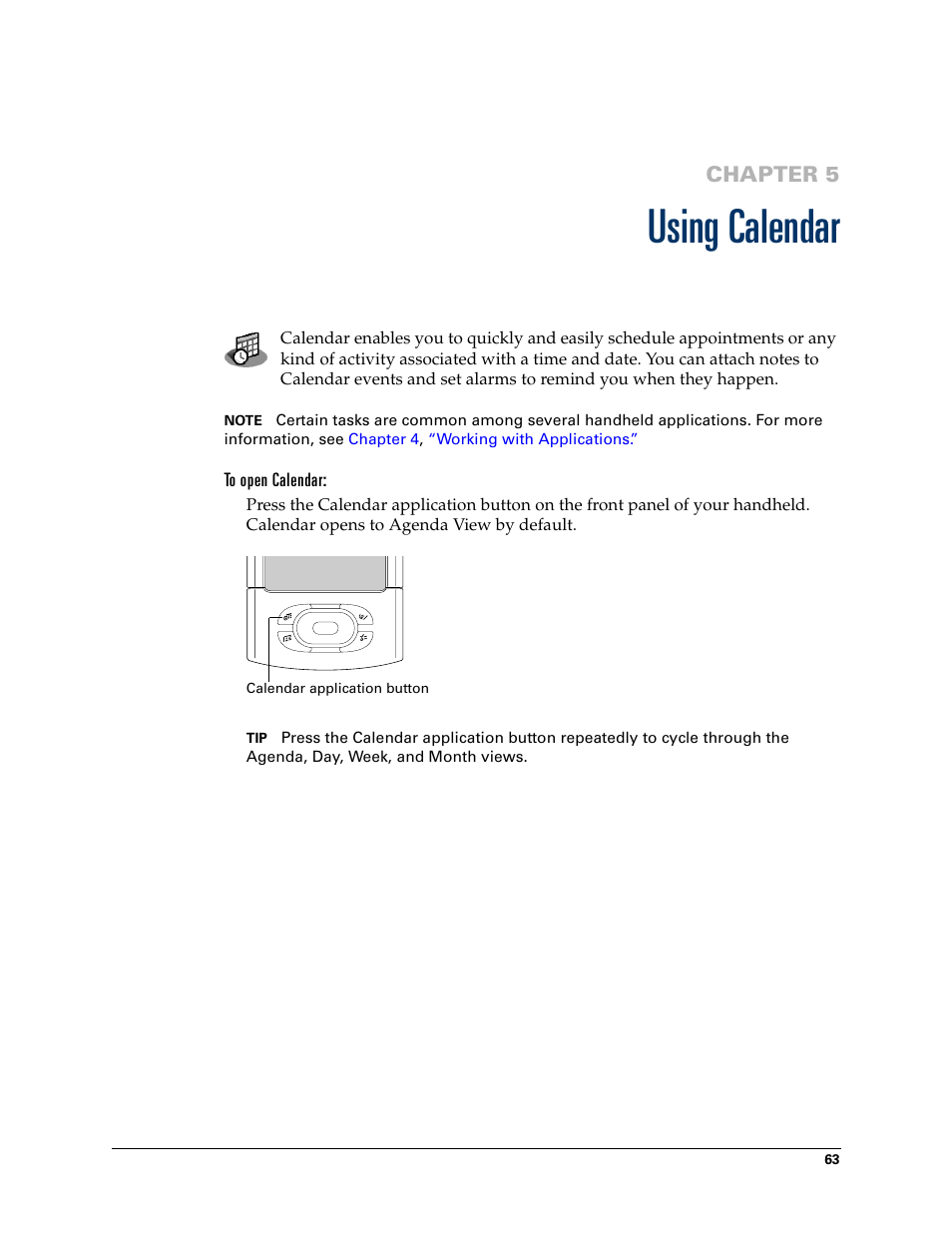Using calendar, To open calendar, Chapter 5: using calendar | Chapter 5 | Palm T3 User Manual | Page 77 / 408
