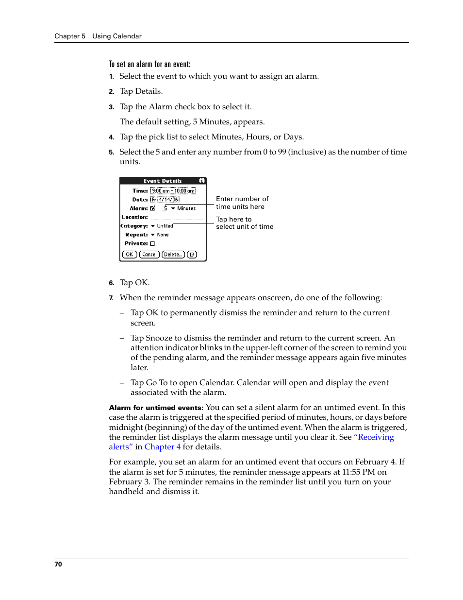 To set an alarm for an event | Palm T3 User Manual | Page 84 / 408