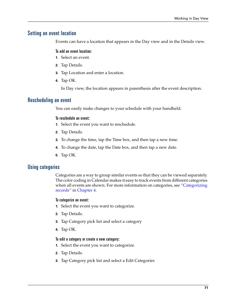 Setting an event location, To add an event location, Rescheduling an event | To reschedule an event, Using categories, To categorize an event, To edit a category or create a new category, Chapter 5 | Palm T3 User Manual | Page 85 / 408