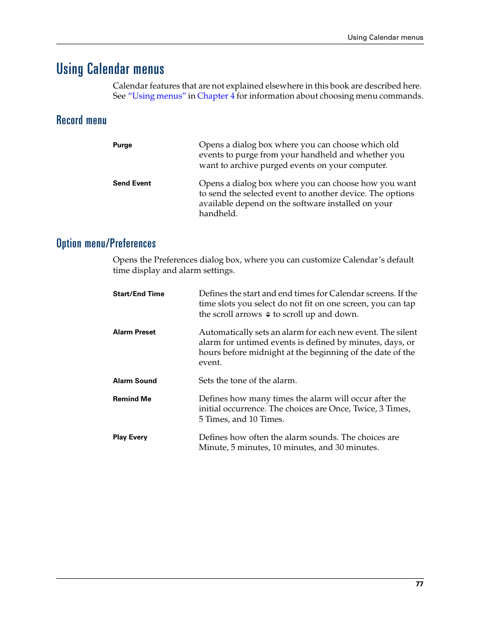 Using calendar menus, Record menu, Option menu/preferences | Record menu option menu/preferences | Palm T3 User Manual | Page 91 / 408