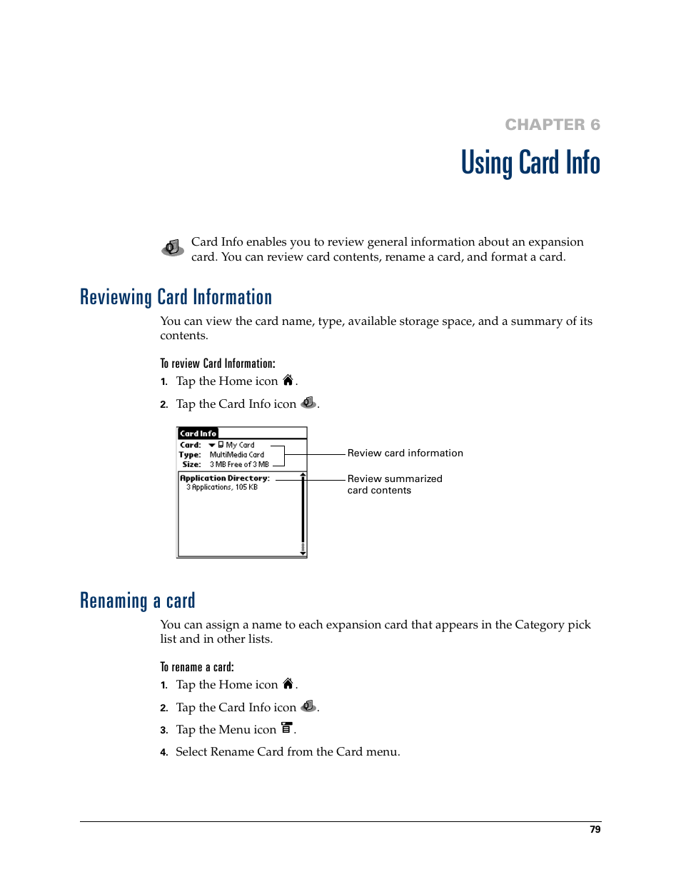 Using card info, Reviewing card information, To review card information | Renaming a card, To rename a card, Chapter 6: using card info, Reviewing card information renaming a card | Palm T3 User Manual | Page 93 / 408