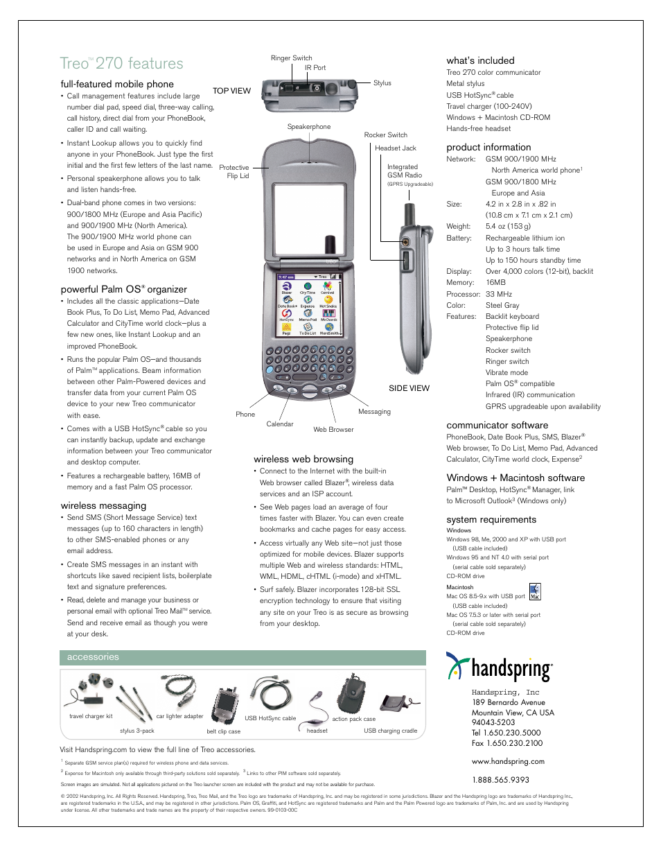 Treo, 270 features, Full-featured mobile phone | Powerful palm os, Organizer, Wireless messaging, Wireless web browsing, What’s included, Product information, Communicator software | Palm Treo 270 User Manual | Page 2 / 2